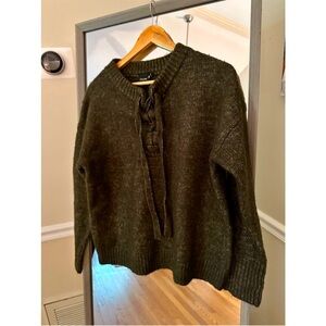 Cliche Sweater Lace Up Front Wool Blend Women's Olive Green Lace Up Tie Neck